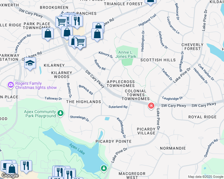 map of restaurants, bars, coffee shops, grocery stores, and more near 608 Applecross Drive in Cary