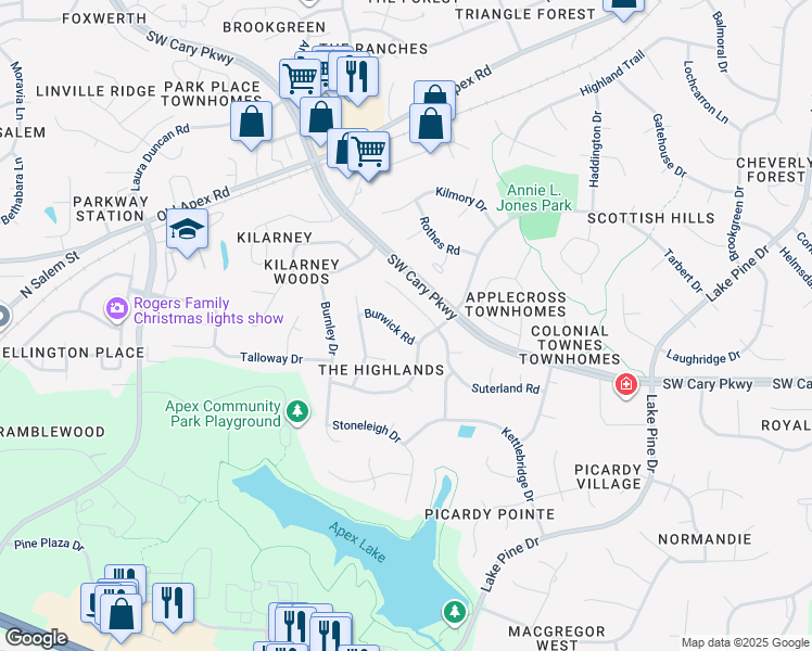map of restaurants, bars, coffee shops, grocery stores, and more near 1504 Burwick Road in Cary