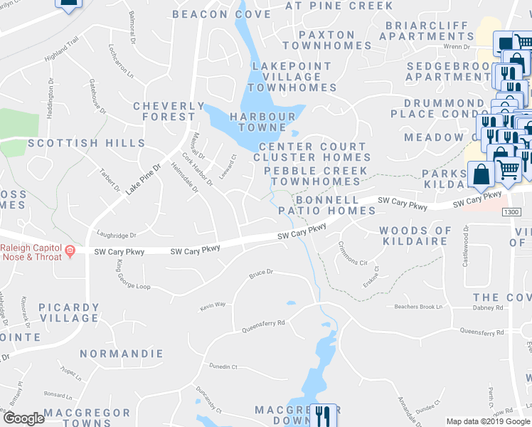 map of restaurants, bars, coffee shops, grocery stores, and more near 111 Kendlewick Drive in Cary