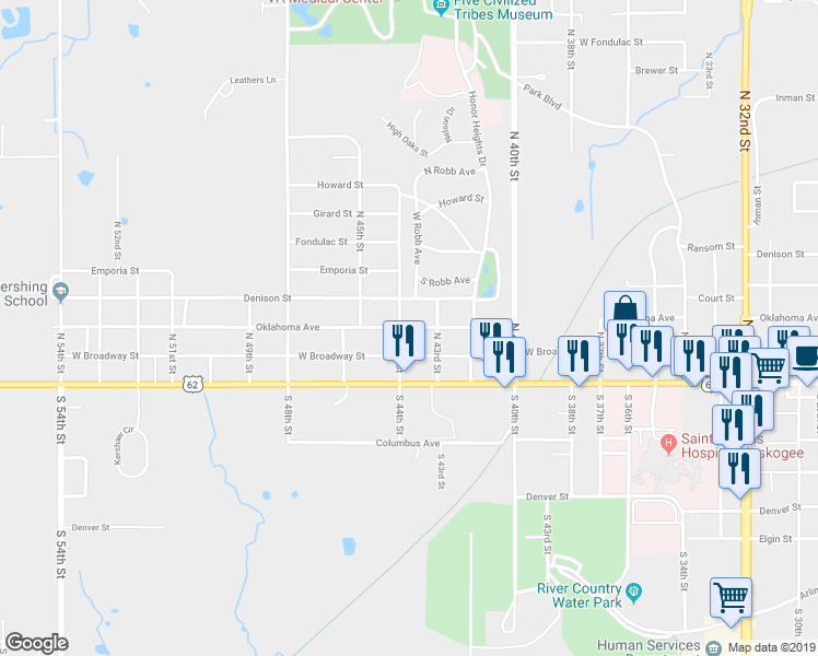 map of restaurants, bars, coffee shops, grocery stores, and more near 4268 Oklahoma Street in Muskogee