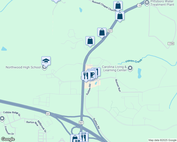 map of restaurants, bars, coffee shops, grocery stores, and more near 43 Lifestyle Place in Pittsboro