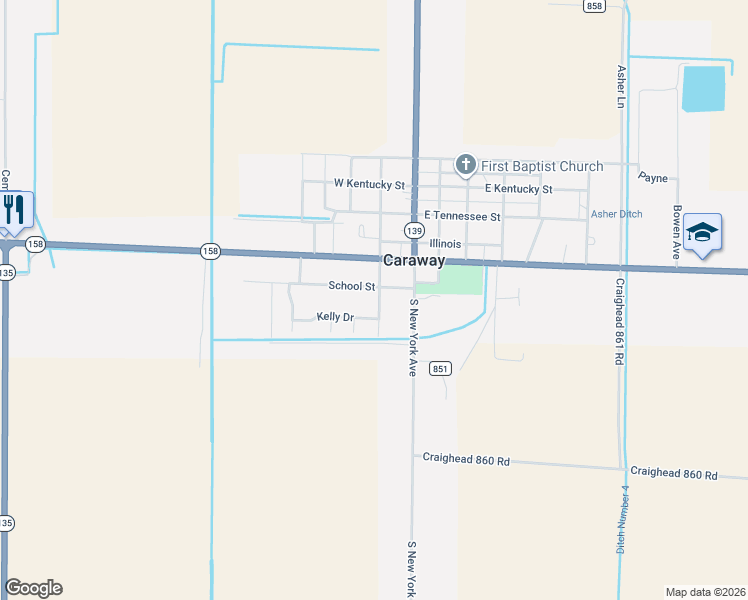 map of restaurants, bars, coffee shops, grocery stores, and more near 203 School Street in Caraway