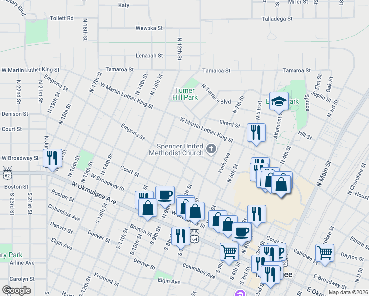 map of restaurants, bars, coffee shops, grocery stores, and more near 538 North 10th Street in Muskogee
