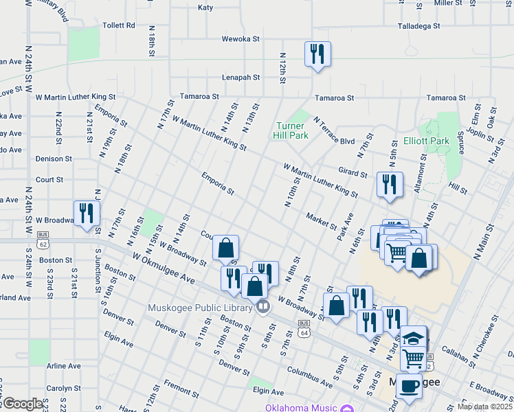 map of restaurants, bars, coffee shops, grocery stores, and more near 12 North 11th Street in Muskogee