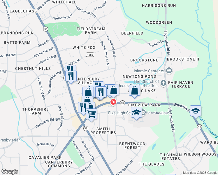 map of restaurants, bars, coffee shops, grocery stores, and more near 2400 Bradford Drive in Wilson