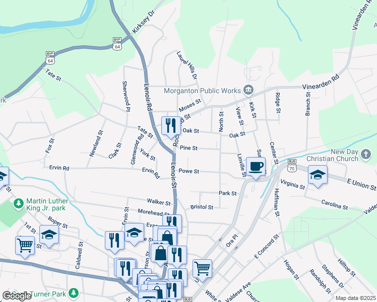 map of restaurants, bars, coffee shops, grocery stores, and more near 108 Pine Street in Morganton