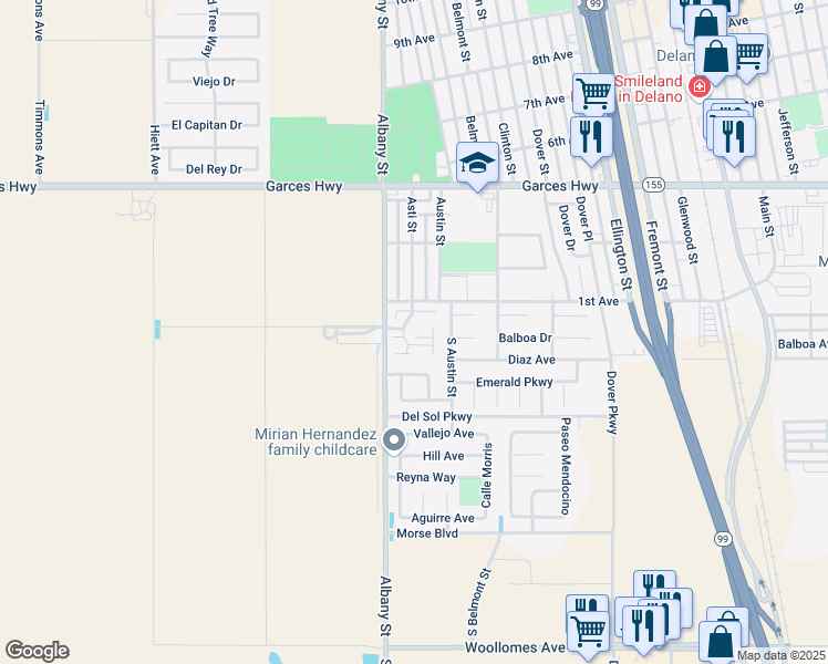 map of restaurants, bars, coffee shops, grocery stores, and more near in Delano
