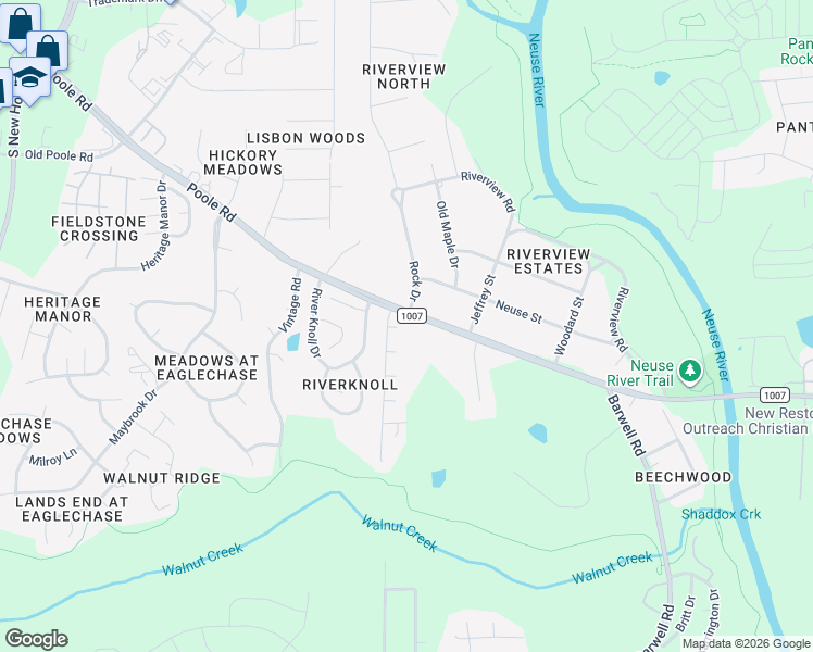 map of restaurants, bars, coffee shops, grocery stores, and more near 5709 Angelfish Court in Raleigh
