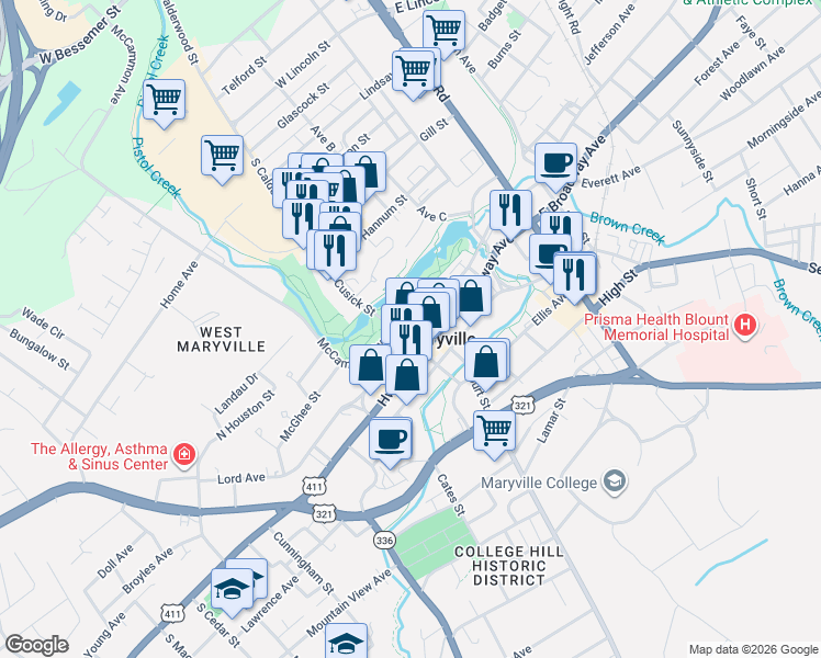 map of restaurants, bars, coffee shops, grocery stores, and more near 135 East Harper Avenue in Maryville