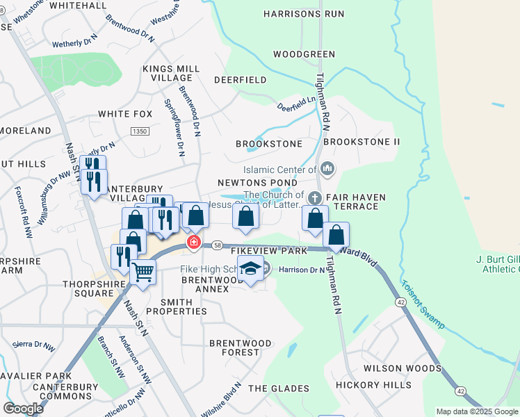 map of restaurants, bars, coffee shops, grocery stores, and more near 2305 Kelly Place North in Wilson