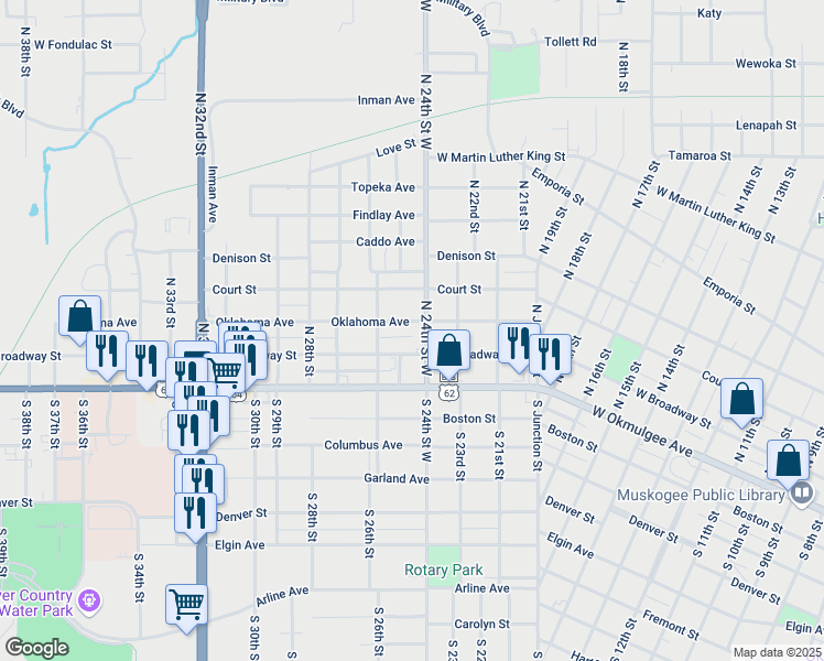 map of restaurants, bars, coffee shops, grocery stores, and more near 2413 Oklahoma Street in Muskogee