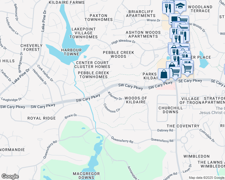 map of restaurants, bars, coffee shops, grocery stores, and more near 103 Cunningham Court in Cary