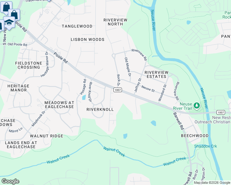 map of restaurants, bars, coffee shops, grocery stores, and more near 5709 Angelfish Court in Raleigh