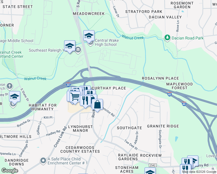 map of restaurants, bars, coffee shops, grocery stores, and more near 1607 Curthay Court in Raleigh