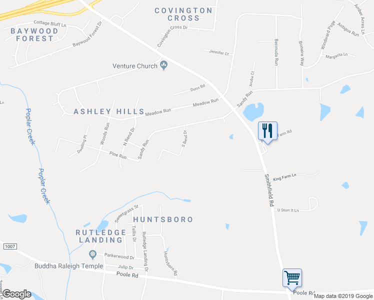 map of restaurants, bars, coffee shops, grocery stores, and more near 111 South Bend Drive in Knightdale