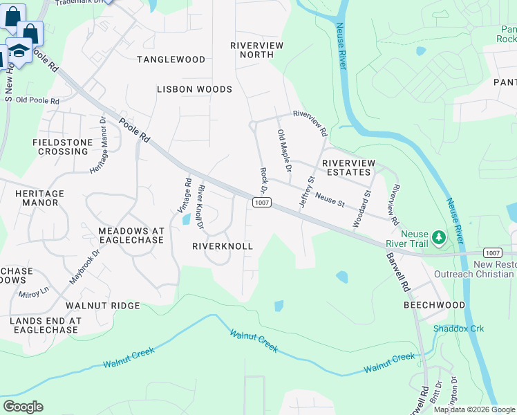 map of restaurants, bars, coffee shops, grocery stores, and more near 5709 Angelfish Court in Raleigh