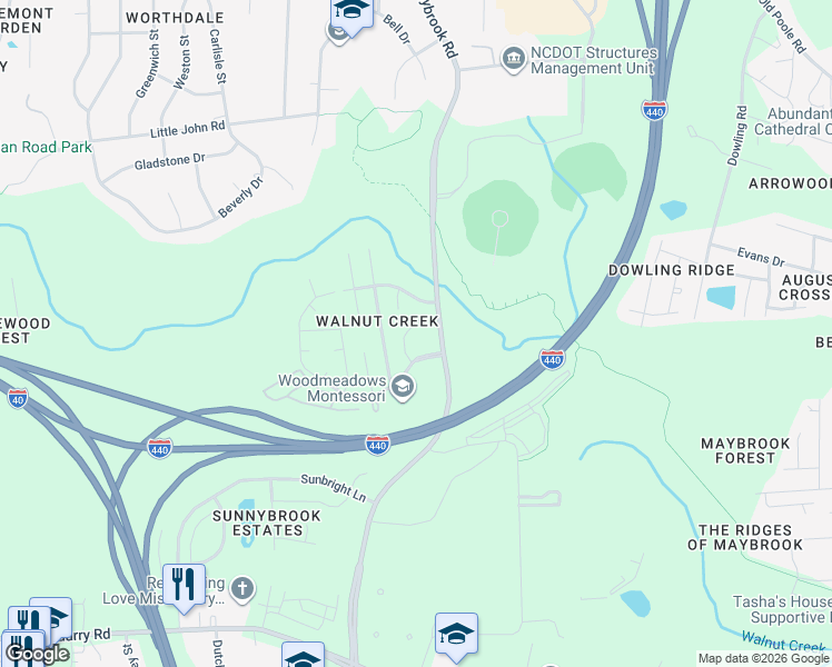 map of restaurants, bars, coffee shops, grocery stores, and more near 1413 Springshire Court in Raleigh