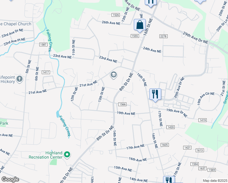 map of restaurants, bars, coffee shops, grocery stores, and more near 1334 20th Avenue Place Northeast in Hickory