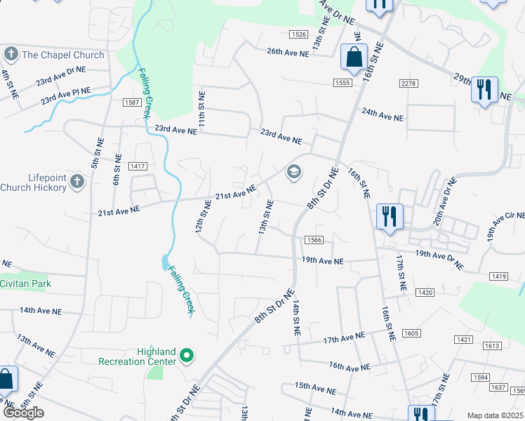 map of restaurants, bars, coffee shops, grocery stores, and more near 2025 13th Street Northeast in Hickory