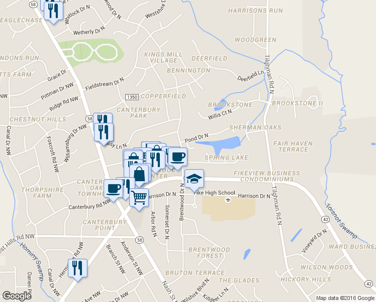 map of restaurants, bars, coffee shops, grocery stores, and more near 2508 Springlake Place North in Wilson