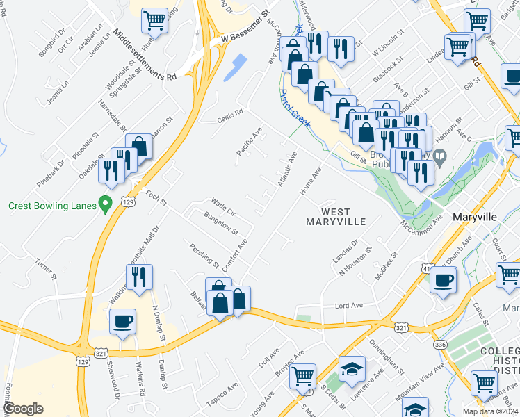map of restaurants, bars, coffee shops, grocery stores, and more near 553 Coral Circle in Maryville