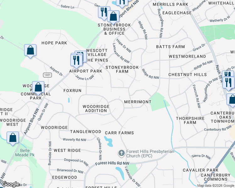 map of restaurants, bars, coffee shops, grocery stores, and more near 3203 Westchester Court in Wilson
