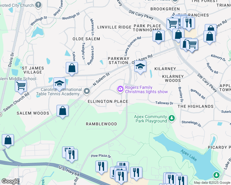 map of restaurants, bars, coffee shops, grocery stores, and more near 713 Bay Bouquet Lane in Apex