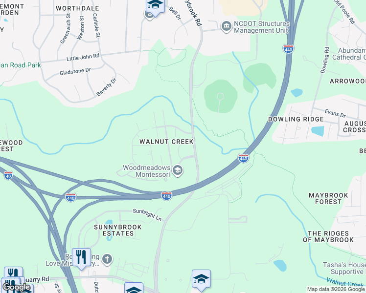 map of restaurants, bars, coffee shops, grocery stores, and more near 1413 Springshire Court in Raleigh