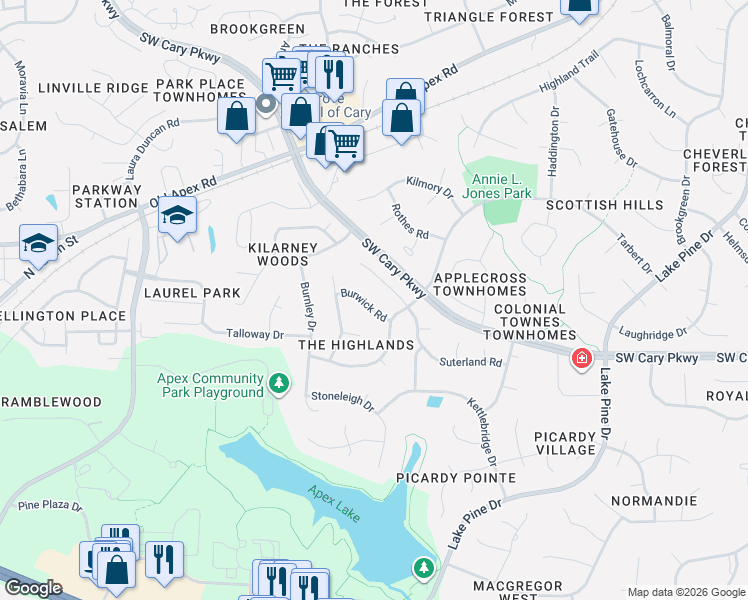 map of restaurants, bars, coffee shops, grocery stores, and more near 1510 Burwick Road in Cary