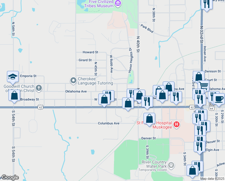 map of restaurants, bars, coffee shops, grocery stores, and more near 4326 Oklahoma Street in Muskogee