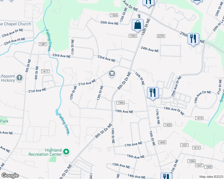map of restaurants, bars, coffee shops, grocery stores, and more near 1334 20th Avenue Place Northeast in Hickory