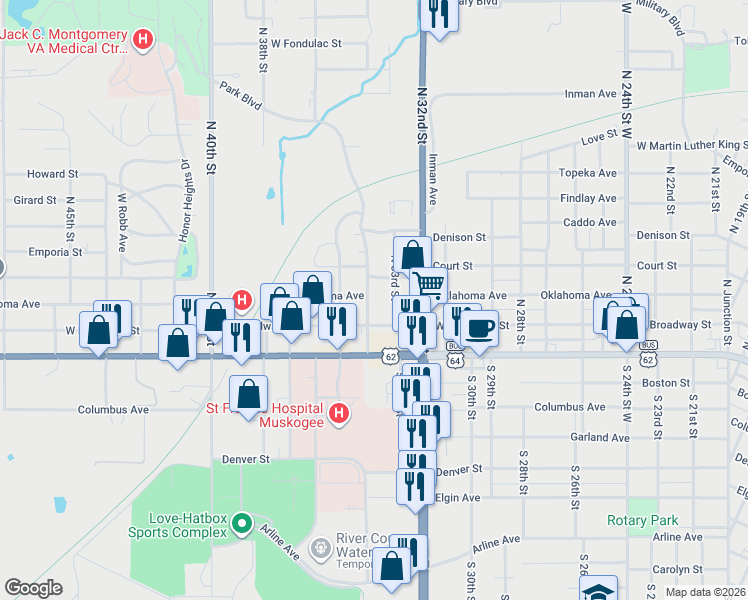 map of restaurants, bars, coffee shops, grocery stores, and more near 216 North 34th Street in Muskogee