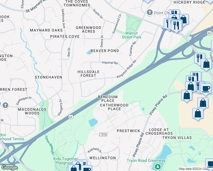 map of restaurants, bars, coffee shops, grocery stores, and more near 1305 Bloomingdale Drive in Cary