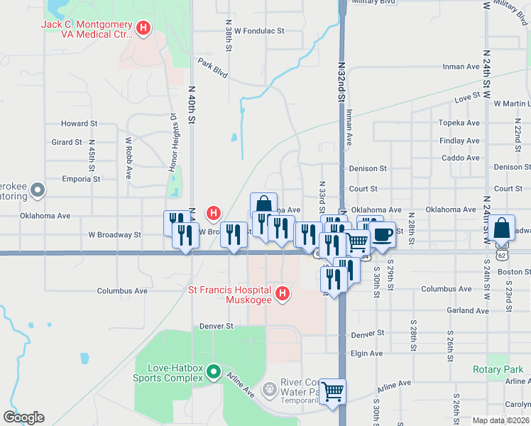 map of restaurants, bars, coffee shops, grocery stores, and more near 3612 Oklahoma Street in Muskogee