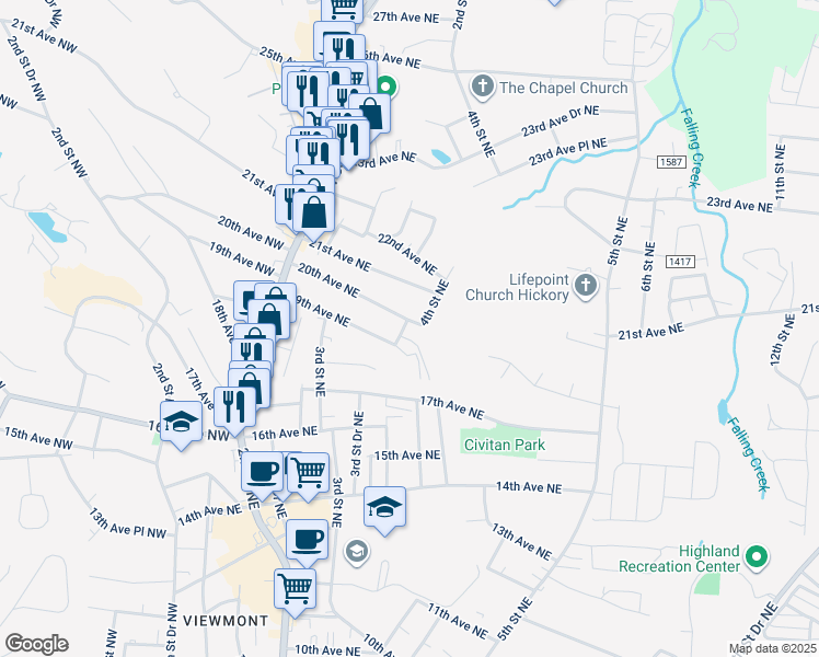map of restaurants, bars, coffee shops, grocery stores, and more near 1950 4th Street Northeast in Hickory
