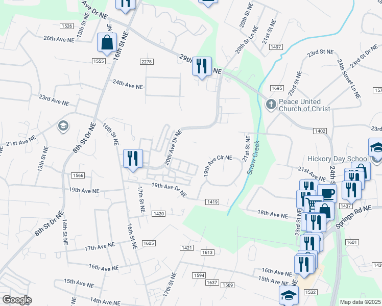 map of restaurants, bars, coffee shops, grocery stores, and more near 1840 20th Avenue Drive Northeast in Hickory