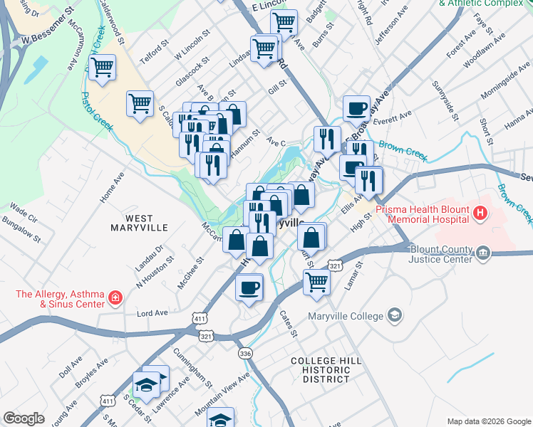 map of restaurants, bars, coffee shops, grocery stores, and more near 161 East Harper Avenue in Maryville