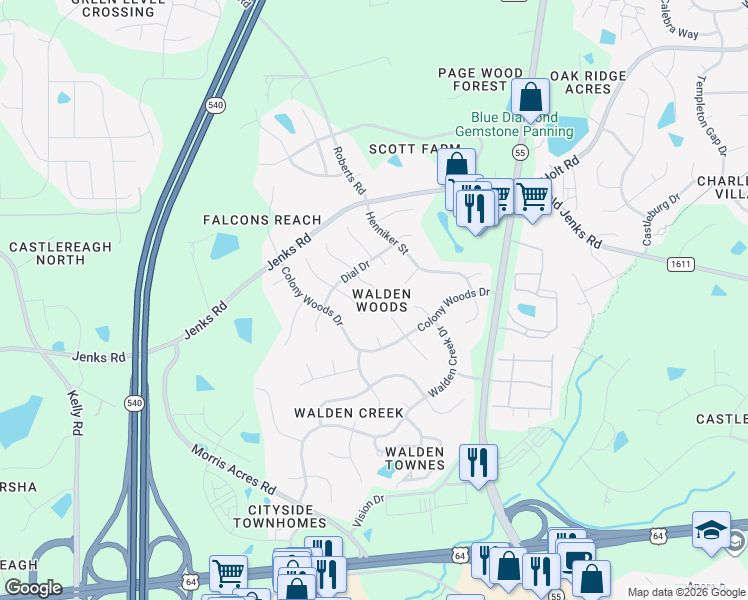 map of restaurants, bars, coffee shops, grocery stores, and more near 2211 Oak Stream Lane in Apex