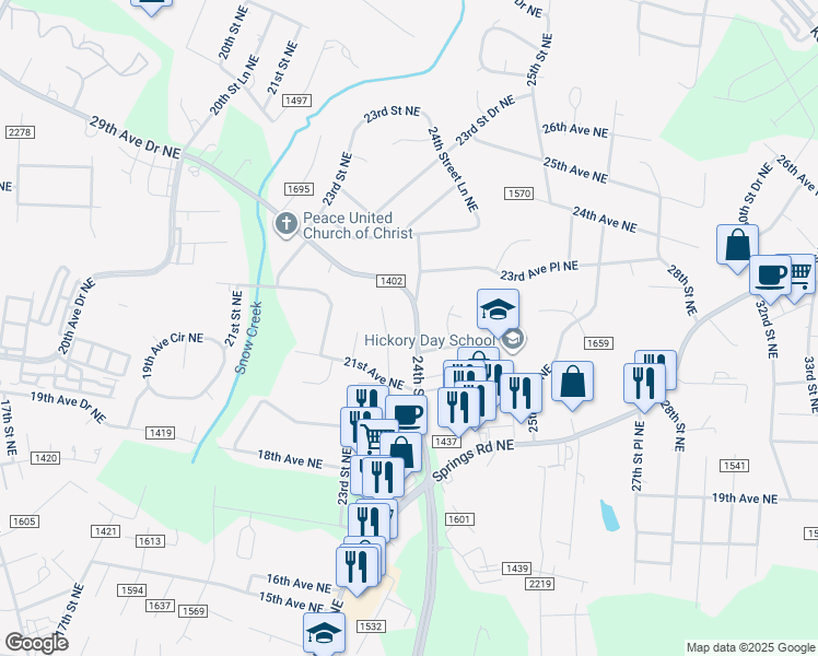 map of restaurants, bars, coffee shops, grocery stores, and more near 2231 24th Street Northeast in Hickory