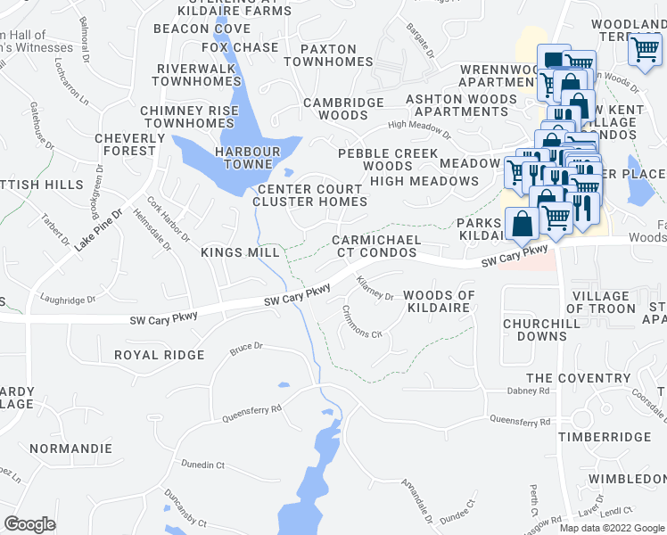 map of restaurants, bars, coffee shops, grocery stores, and more near 109 Bonnell Court in Cary
