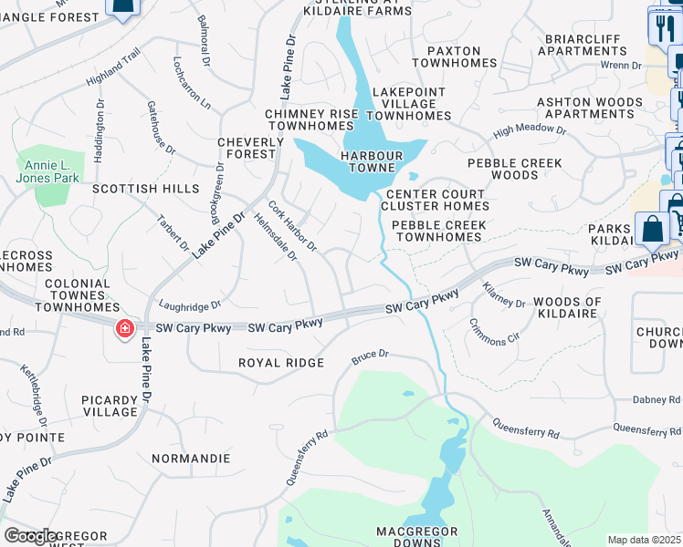 map of restaurants, bars, coffee shops, grocery stores, and more near 109 Kingsmill Road in Cary