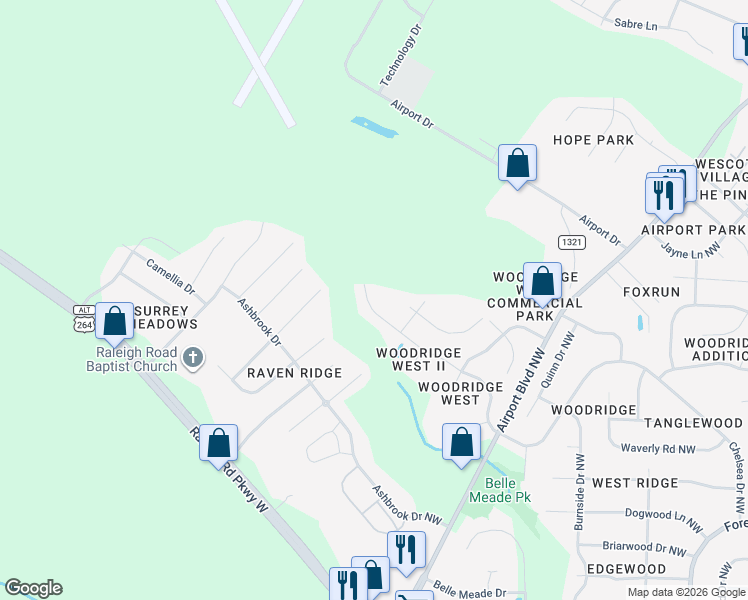map of restaurants, bars, coffee shops, grocery stores, and more near 2510 Chelsea Drive Northwest in Wilson