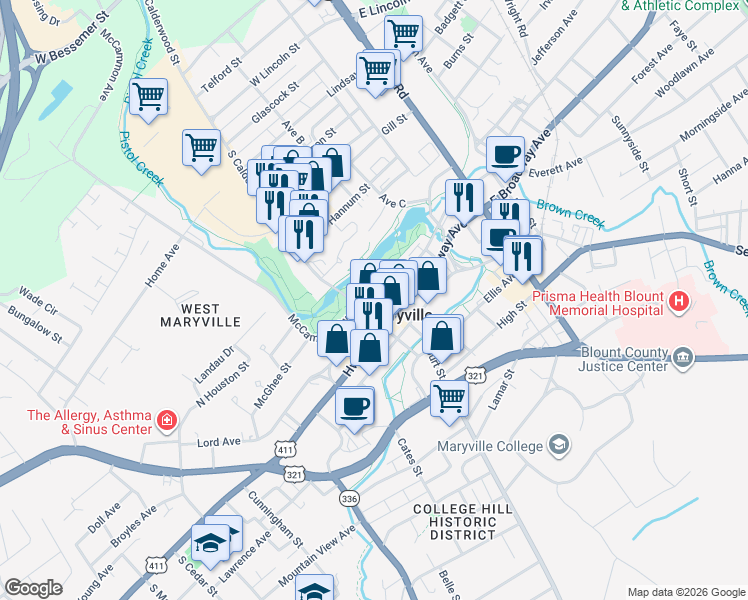 map of restaurants, bars, coffee shops, grocery stores, and more near 161 East Harper Avenue in Maryville