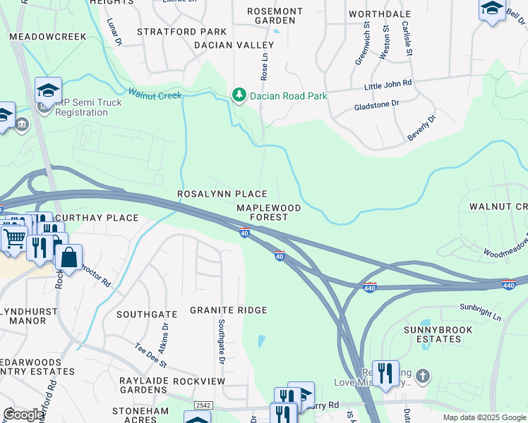map of restaurants, bars, coffee shops, grocery stores, and more near 2402 Maplewood Lane in Raleigh