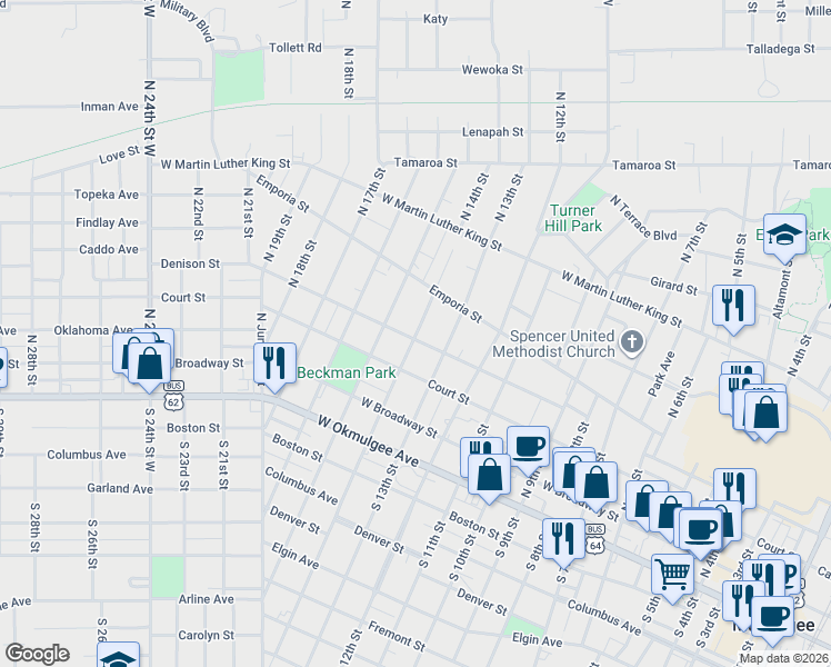 map of restaurants, bars, coffee shops, grocery stores, and more near 411 North 14th Street in Muskogee