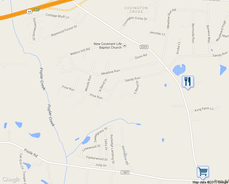 map of restaurants, bars, coffee shops, grocery stores, and more near 325 Sandy Run in Knightdale