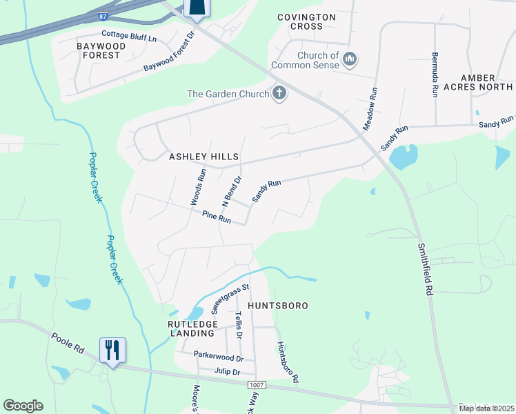map of restaurants, bars, coffee shops, grocery stores, and more near 325 Sandy Run in Knightdale