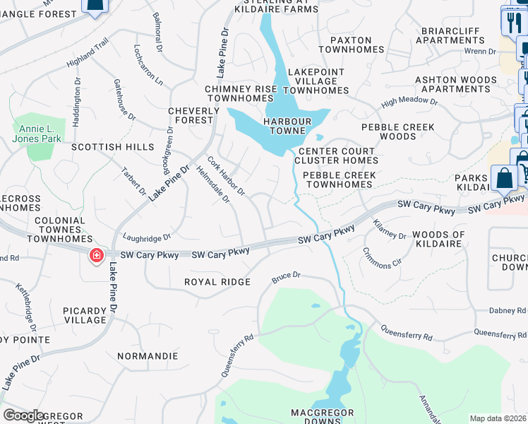 map of restaurants, bars, coffee shops, grocery stores, and more near 109 Kingsmill Road in Cary