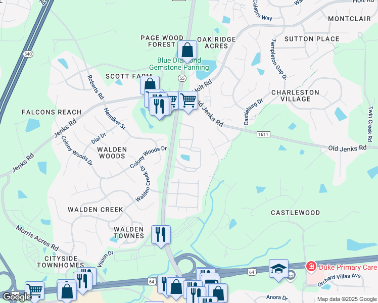 map of restaurants, bars, coffee shops, grocery stores, and more near 100 Cameron Woods Drive in Apex