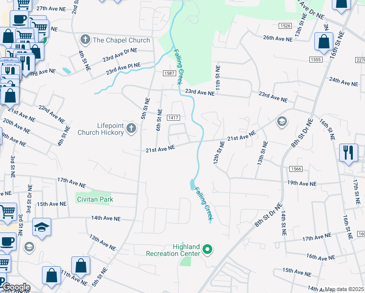 map of restaurants, bars, coffee shops, grocery stores, and more near 930 21st Avenue Northeast in Hickory